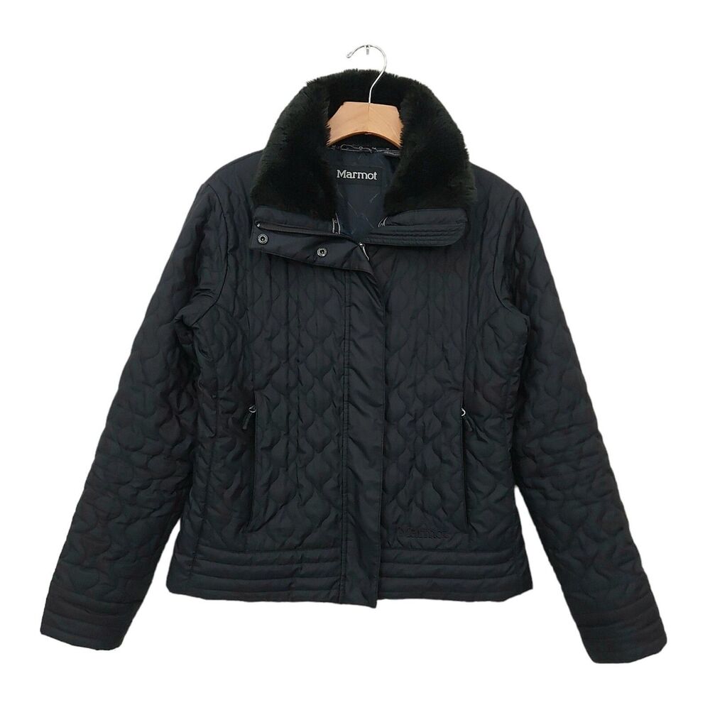 Marmot St Moritz Quilted Jacket Womens Medium Black Faux Fur Collar Winter